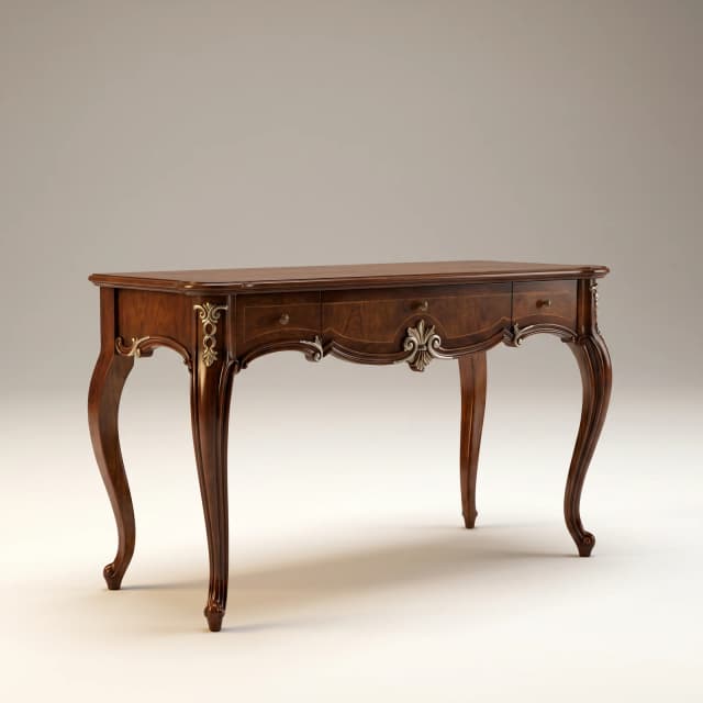Victorian teak wood console with Romanesque design, ornate carvings, and classic console front.