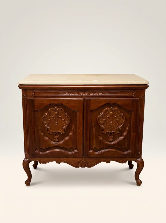 Victorian-Style Carved Teak Credenza with intricate wood carvings.