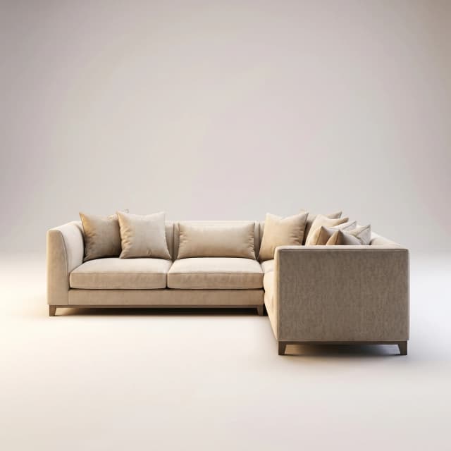 A large corner sofa crafted from high-quality teak wood, featuring clean lines and soft cushioning.