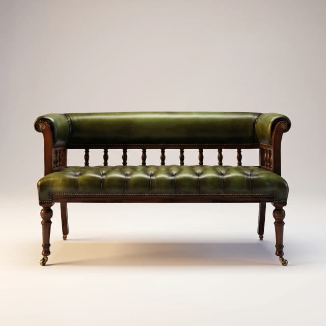 Teak wood sofa featuring Victorian detailing against a light grey background.