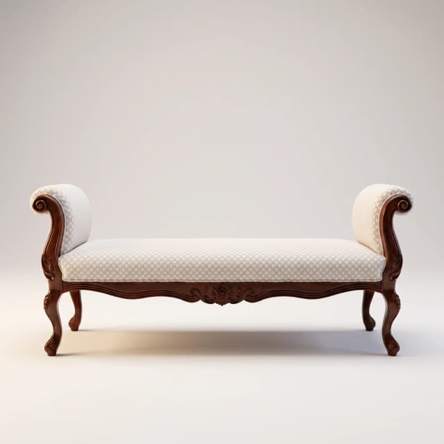 Victorian carved teak daybed with cream upholstered seat and ornate scrolled arms on cabriole legs