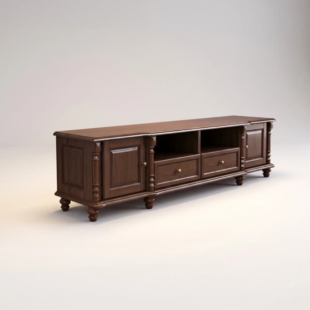 Teak Wood Credenza with ornate legs and handcrafted trim.
