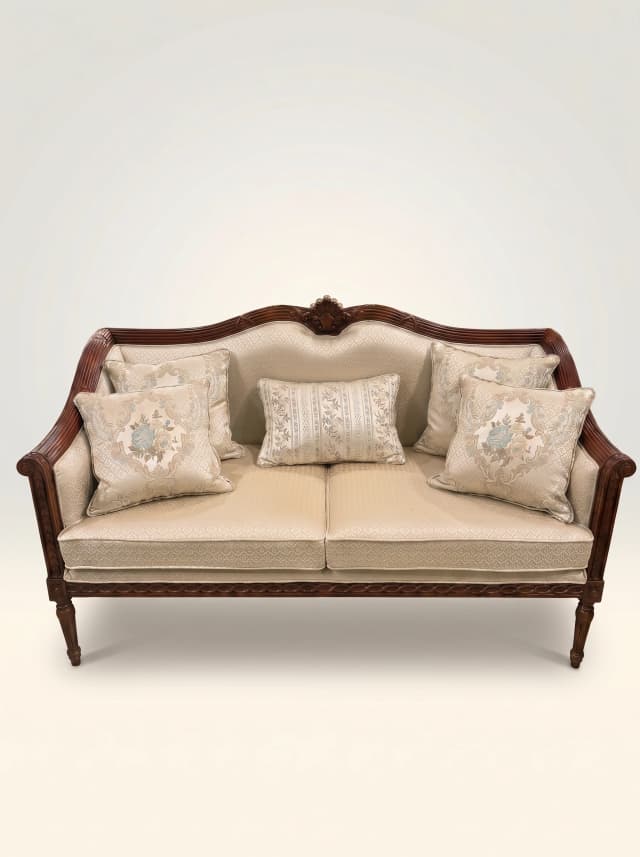 Windsor-Rest Teak Classical Sofa with intricately carved teak wood frame.