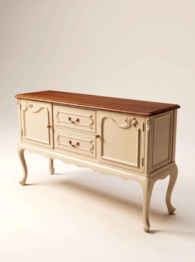 A Victorian-style carved teak sideboard with multiple drawers and cabinets.