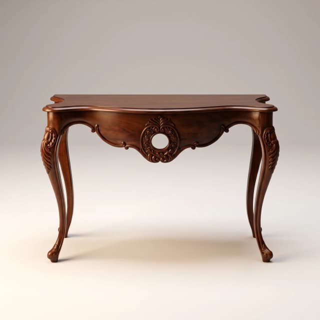 Victorian teak wood console table with ornate scrollwork apron, carved cabriole legs and rich brown finish