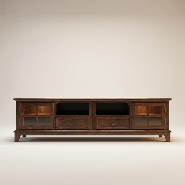 Victorian-style teak wood TV console with drawers and open storage.