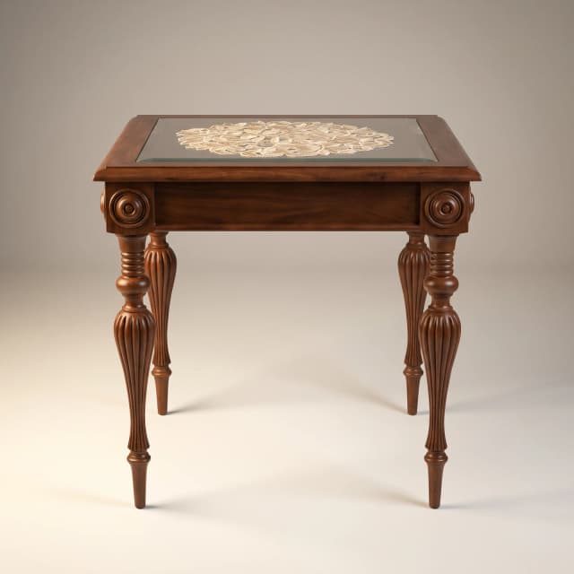 Elegant teak wood side table with intricate details.