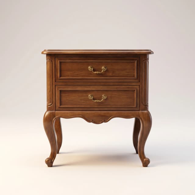 Teak wood side table with two drawers, curved legs, and ornate handles.