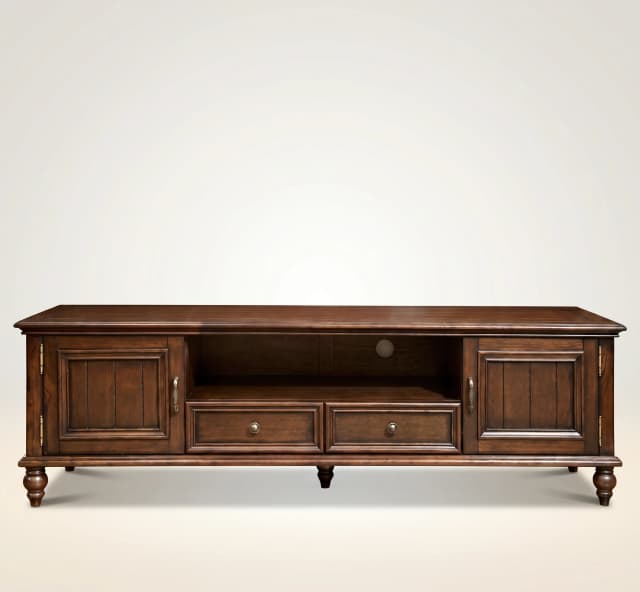 Teak wood credenza with antique brass handles, multiple drawers and cabinets, and a rich brown stain.