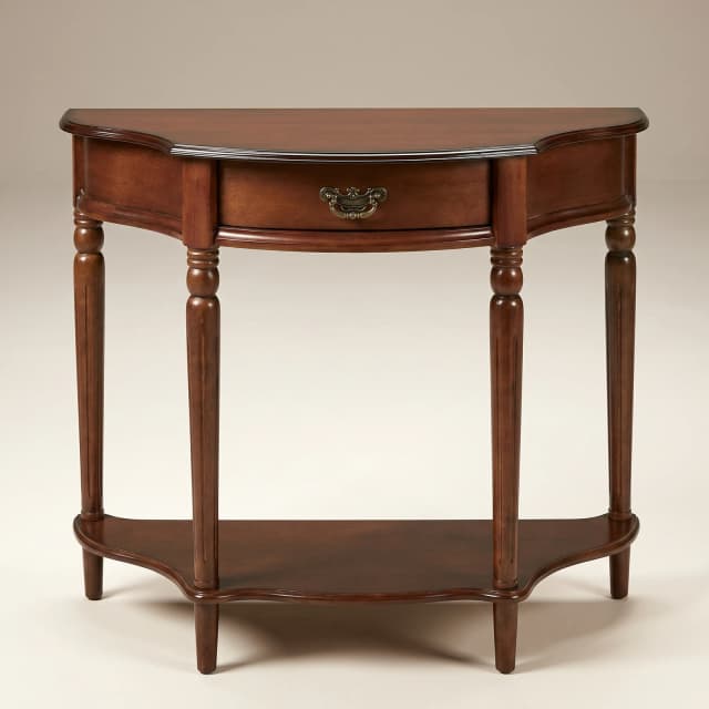 Elegant Ryleigh teak wood handled console table maximizes style and storage.
