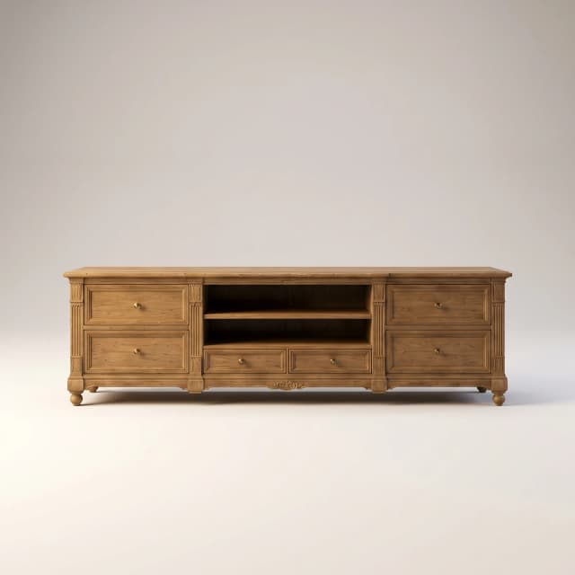 Carved Sonia TV Unit with 'elegant black rivertone base' and 'three open shelves'.