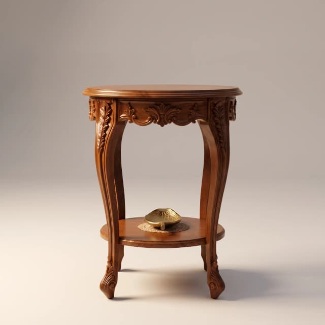 Regency teak side table with ornate hand-carved detailing, curved legs and round lower shelf holding brass decorative items