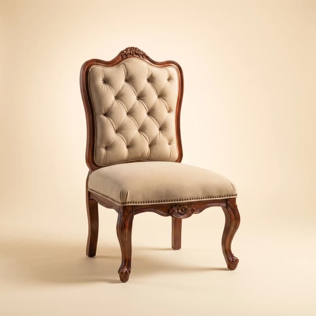 Burlington Study Chair, handcrafted teak wood frame, upholstered seat and back, tufted details.