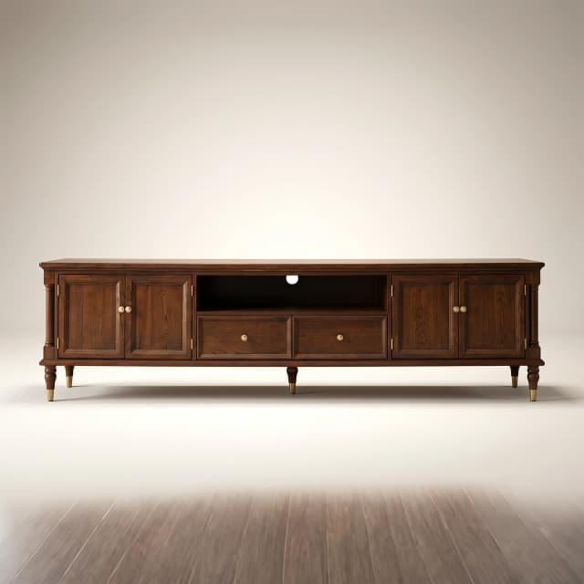 Solid Teak Wood TV Unit. Victorian-style. High-gloss finish. 3 drawers, 3 doors. Shown fully assembled. 4 gold feet and knobs. Translucent TV backdrop. Reflective TV channel.