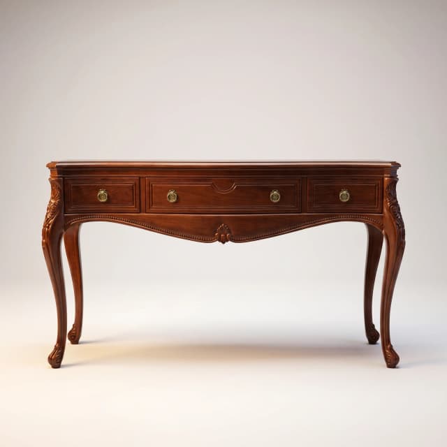 Victorian-style teak wood console table with intricate carvings and ornate details.
