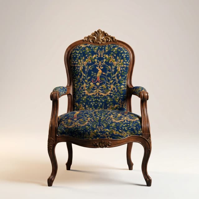 Upholstered Teak Armchair with ornate carvings and floral pattern on wooden frame.