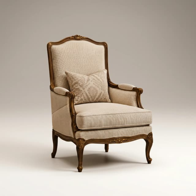 Victorian-style teak wood armchair with elaborate carving and upholstery.