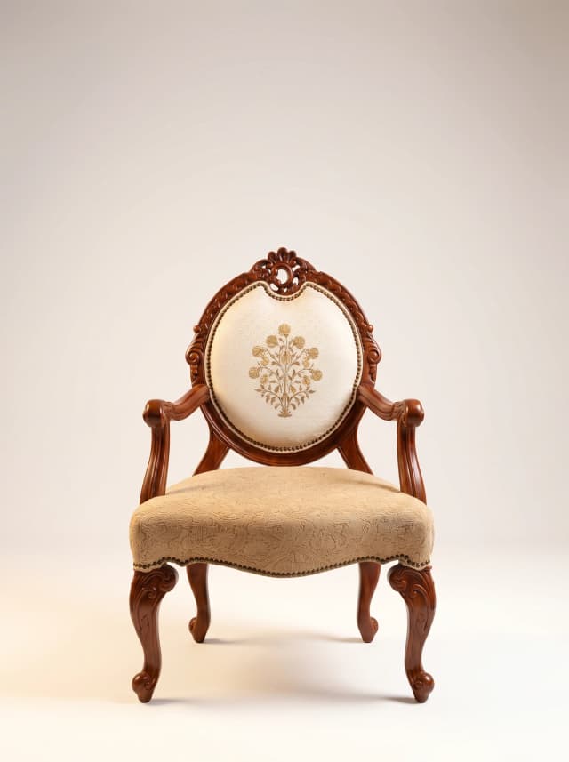 Carved teak wood armchair with cream upholstery.