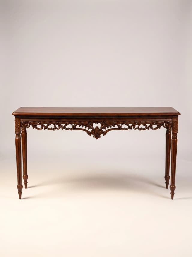 Victorian Style Classic Console Table in Teak Wood. Elegant wood-carved details, storage space for your valuables. Crafted in India with sustainable teak wood.