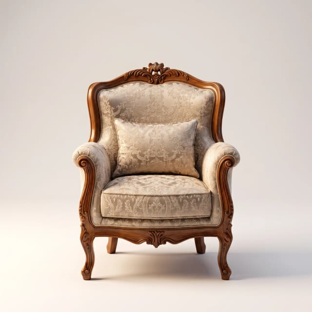 Carved teak wood armchair with scrolled arms, ornate crest rail and champagne damask upholstery with matching cushion