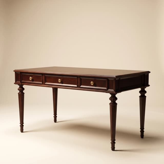 Victorian-style teak wood writing desk with a drawer, showcasing Meraaki Living's luxury furniture.