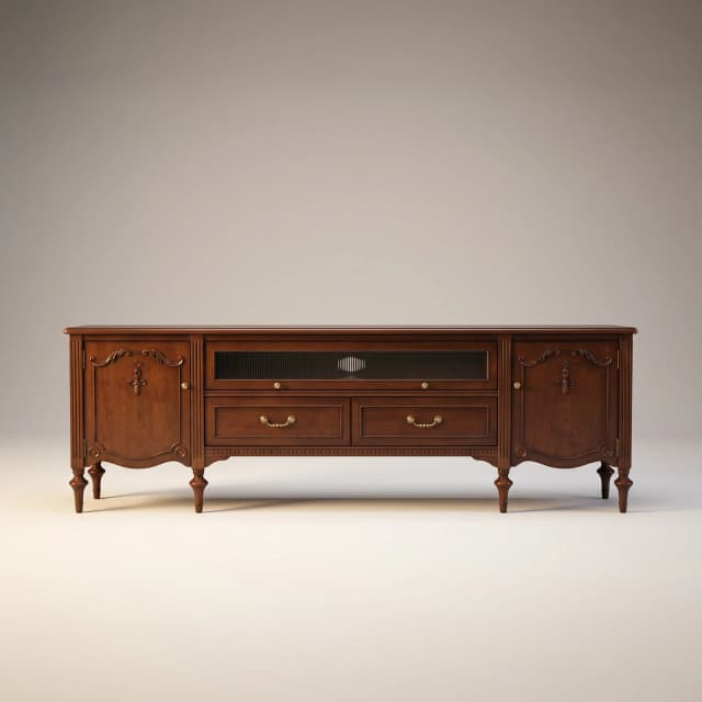 Classic teak wood credenza with antique inspiration and two drawers for a crafted TV display experience.