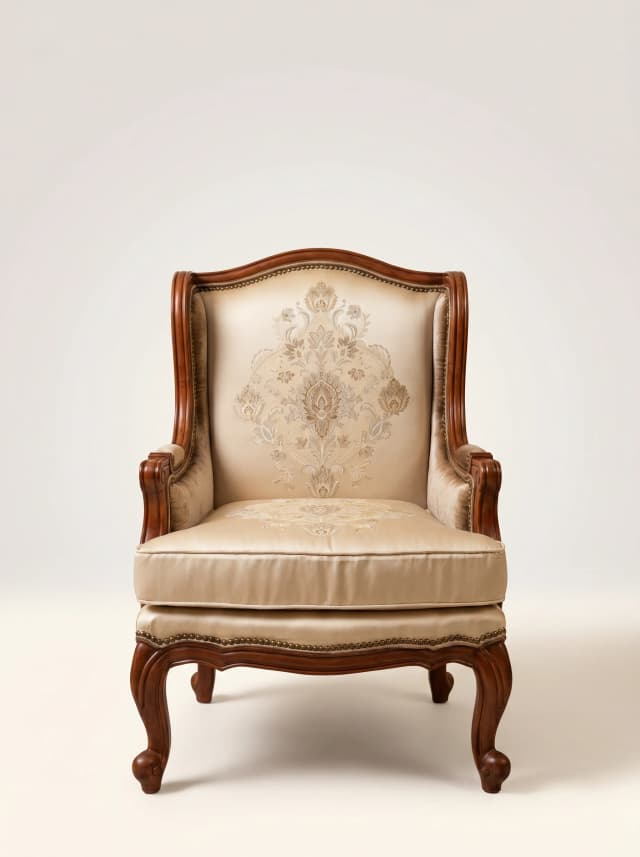 Teak wood armchair with ornate cushion and Victorian style frame.