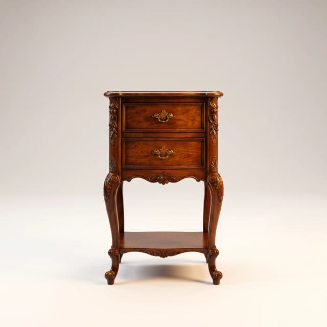 Victorian-style carved teak wood bedside table with two drawers.