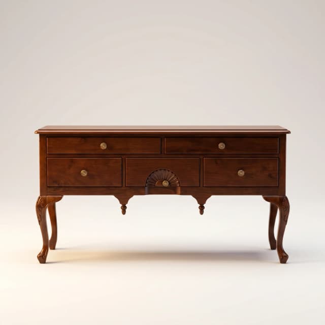 Generously scaled Eastham Limed Teak Console with four drawers and a shell carved middle for timeless entryway style.
