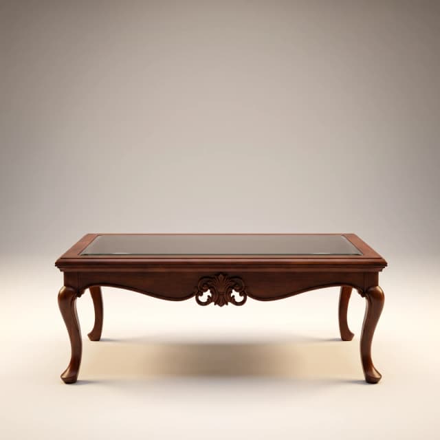 Carved teak centre table with cabriole legs, acanthus leaf detail and glass top in rich walnut finish