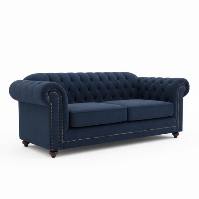 Chesterfield-style sofa from teak wood, featuring button-tufted back cushion and rolled arms for classic Victorian charm.
